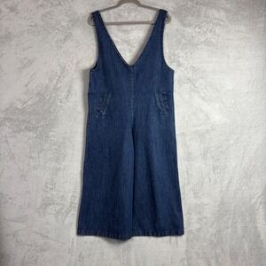 Blue Denim Cotton Wide Leg V-Neck Jumpsuit Overalls Size Large Festival Relaxed